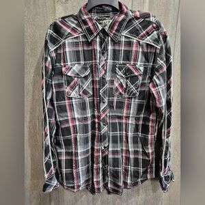 BKE Black Button Up Shirt (Size Large) Red Gray Plaid Long Sleeve Slim Fit